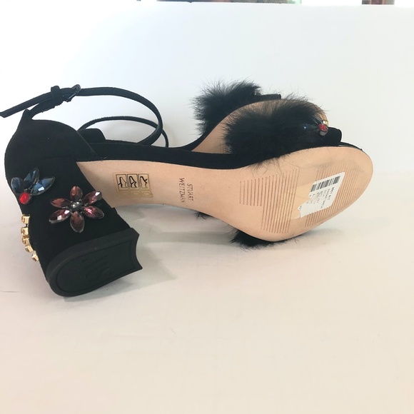 Stuart Weitzman Embellished Suede Fur Sandal Heels - Picture 14 of 15
